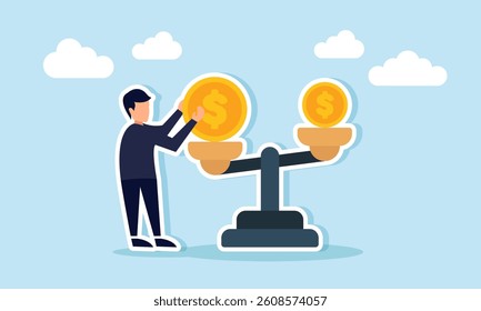 Businessman places a large dollar coin on one side of a scale causing imbalance, illustration of business investment with a significant amount
