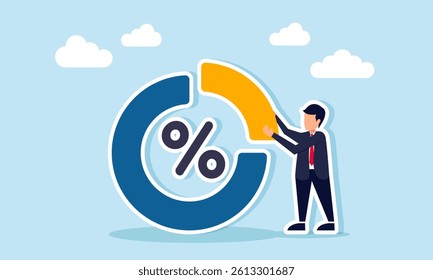 Businessman places a part of a circle chart marked with percentage, illustration of completing profit sharing report for stakeholders or investors