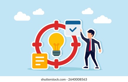Businessman placing check label on target aiming at light bulb illustration of targeting the implementation of business ideas