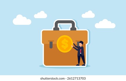 businessman placing a dollar coin into a briefcase, illustration of profit-oriented mindset in running and working in a business