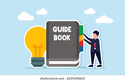 Businessman placing punctuation on guide book near light illustration of guidance in applying business ideas