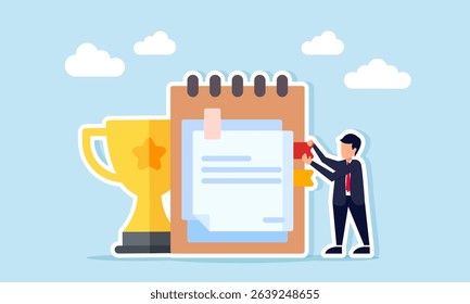 Businessman placing punctuation on notebook near trophy illustration of archive and documentation related to evaluation and performance analysis of leading business company