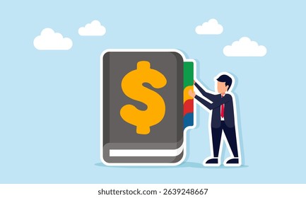 Businessman placing punctuation on notebook with dollar symbol illustration of archive and financial bookkeeping record for business