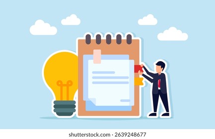 Businessman placing punctuation on notebook near light bulb illustration of archive and documentation related to business idea