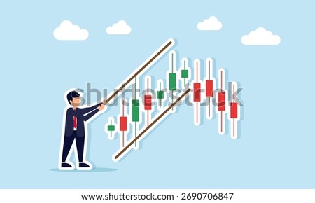 businessman placing reference line on candlestick illustration of technical analysis of company stock in stock exchange