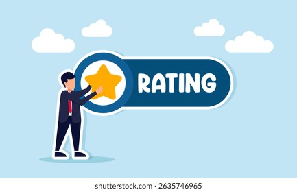 Businessman placing a star on a board labeled RATING illustration of verification of achievement and improving business quality