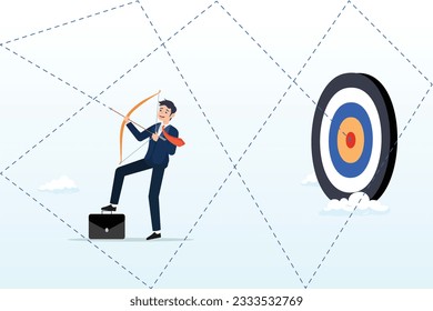 Businessman plan to hit target, brand strategy, tactic or planning to reach goal or achieve target, challenge or professional skill to win business competition, marketing target or objective (Vector)