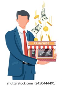 Businessman planing franchise business for sale. Shop building or commercial property. Real estate business promotional, sme startup crowdfunding. Selling buying new business. Flat vector illustration