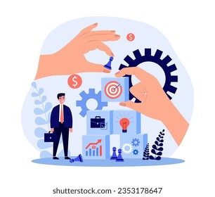 Businessman planning company development vector illustration. Hands holding chess pieces, building financial charts, graphs, goals and ideas. Business plan and strategy concept