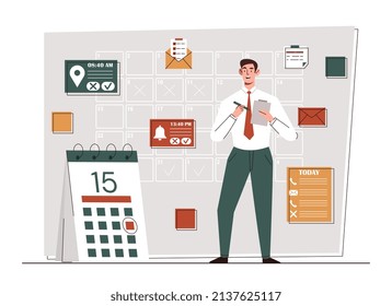 Businessman planning day. Man in suit with notepad marks important dates, scheduling and setting goals. Hardworking character getting ready for business meetings. Cartoon flat vector illustration