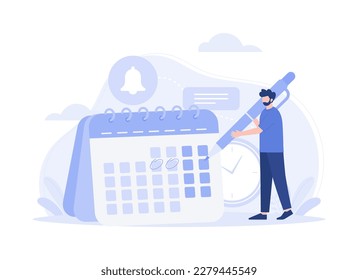 Businessman planning events, deadlines and agenda. Modern vector flat illustration