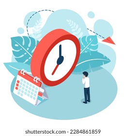 Businessman Planning on competition Time management and schedule concept. Business employee learning to big clock work plan. Vector illustration isometric cartoon flat design.