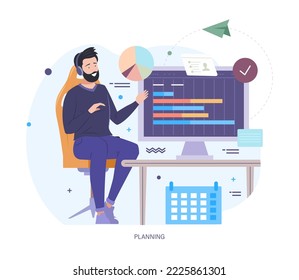 Businessman planning project, task schedule and profit growth. Man in headphones sitting at computer analysing graphics and finance. Plan progress, time management, business development cartoon vector