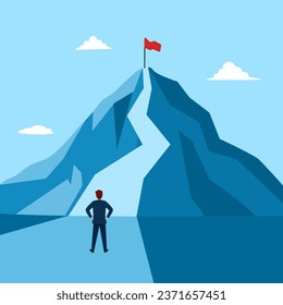 Businessman planning to reach the success flag on top of the mountain in flat design. Symbol of the startup, business finance, achievement and leadership concept vector illustration.