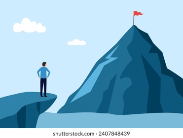 Businessman planning to reach the success flag on top of the mountain in flat design. Symbol of the startup, business finance, achievement and leadership concept vector illustration.