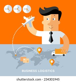 Businessman planning route for delivery of goods. business logistics illustration