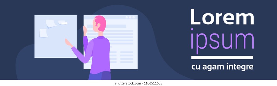 businessman planning schedule making notes online app time management concept business man project manager male cartoon character rear view portrait copy space horizontal flat vector illustration