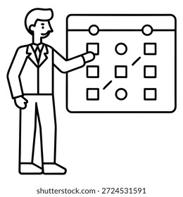 Programação de planejamento de empresário usando interface de calendário digital, ilustração vetorial de arte de linha, contornos pretos limpos, peso de traçado consistente, ícones de tecnologia de IA, conceito de programação inteligente, isolado no fundo branco