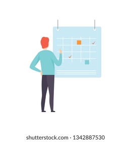 Businessman planning and scheduling his agenda on a big calendar, successful business character at work vector Illustration on a white background