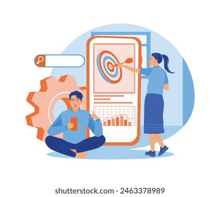 Businessman planning SEO optimization. Increasing SEO targets and performance concepts. Business marketing concept. Flat vector illustration.