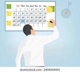 Businessman planning work, creating schedules for maximum efficiency. Vector illustration.