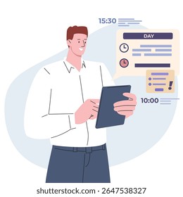 Businessman planning workday. Man using tablet for time management app, makes daily schedule. Office worker, administrator, vector flat character