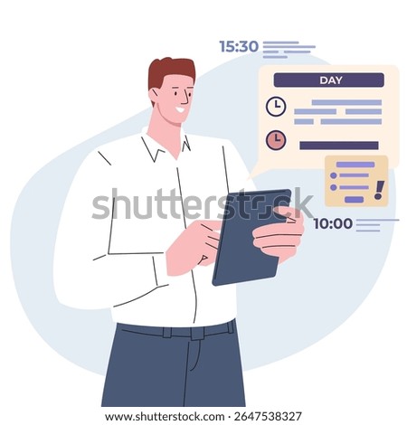 Businessman planning workday. Man using tablet for time management app, makes daily schedule. Office worker, administrator, vector flat character