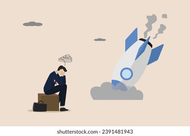 Businessman with plans and falling rocket. Business failure or depression, stupidity, technical error, frustrated entrepreneur, startup failure.