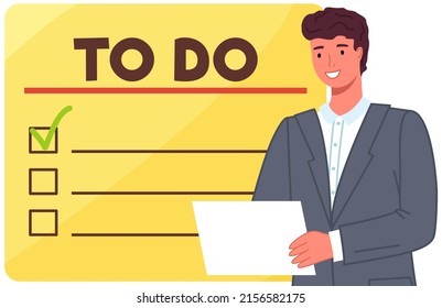 Businessman plans his schedule and appointments. Time management and optimization, planning concept. Big to do list and thinking worker man. Male employee works with daily plan, list of tasks