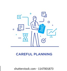 Businessman plans tasks. Workflow, growth, graphics. Business development, milestones, start-up. linear illustration Icons infographics. Landing page site print poster. Line story