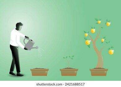 A businessman planting money tree. Vector illustration of business concept