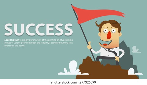 Businessman planting success flag on the top of the mountain summit. Cartoon character. Vector Illustration.