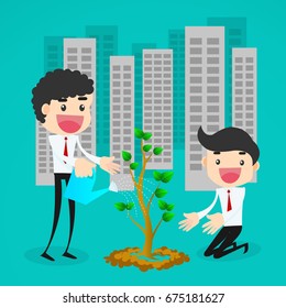 Businessman planting tree in the city/green city and save the earth concept