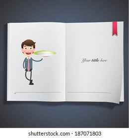 Businessman with plate printed on book. Vector design 
