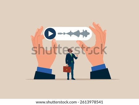 Businessman with Play button on a voice messages, sound waves. Modern vector illustration in flat style