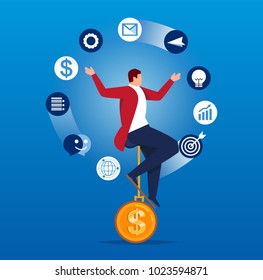 Businessman playing acrobatics on wheelbarrow