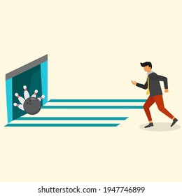 businessman playing bowling, flat illustration vector graphic