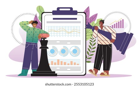 Hombre de negocios jugando al ajedrez. Hombres con enormes piezas de ajedrez cerca de gráficos y diagramas. Planificación y estrategia empresarial. Juego de lógica e inteligencia. Ilustración vectorial plana aislada sobre fondo blanco