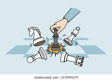 Businessman playing chess on chessboard. Concept of business strategy and planning. Gambit utter and victory. Vector illustration. 