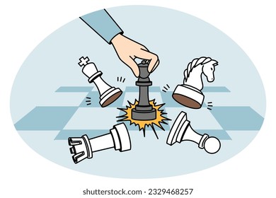 Businessman playing chess on chessboard. Concept of business strategy and planning. Gambit utter and victory. Vector illustration.