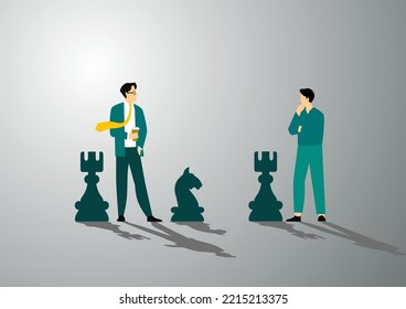 Businessman playing chess and try to find strategic position and tactic for long-term success plan or goal. Symbol of vision, competition, negotiation, planning and challenge.