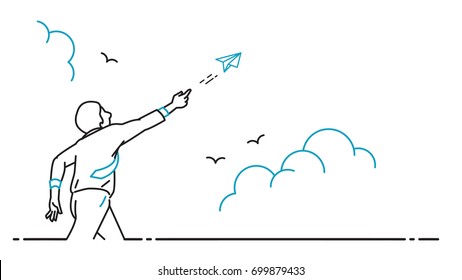 Businessman playing with flying paper origami airplane, flying into the sky, business concept of dream, freedom, startup, inspiration. Outline, thin line art, hand drawn, sketch style, simple design.