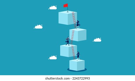 Businessman playing a game of ladders to win the victory flag. The concept of job title grading. vector illustration