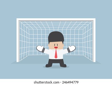 Businessman playing goalkeeper standing in front of goal ready to block the ball, VECTOR, EPS10