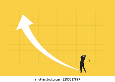 businessman playing golf with arrow up as symbol of achievement and success. Business growth and improvement, target high profit, stock market and success