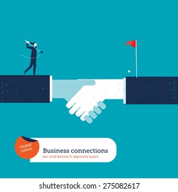 Businessman playing golf on a handshake. Vector illustration Eps10 file. Global colors. Text and Texture in separate layers.