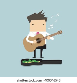 Businessman playing guitar for money vector