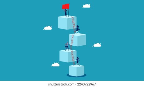 Businessman playing ladder game to win flag of victory. The concept of grabbing a job title. vector illustration