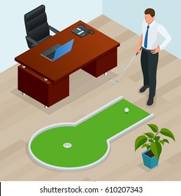 Businessman playing mini golf in his office. Perfect for products such as t-shirts, pillows, album covers, websites, flyers, posters or any design