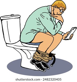 Businessman playing with mobile phone sitting on toilet in bathroom